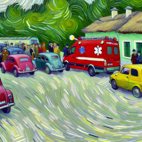Een straatbeeld met kleurrijke auto's die plaatsmaken voor een rode ambulance met loeiende sirenes, omschreven in dikke penseelstreken.
