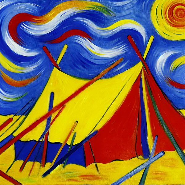 Kleurrijke Tent Met Scheerlijnen - Abstracte Kunst Abstracte afbeelding van een kleurrijke tent met levendige scheerlijnen die stevig op de grond zijn vastgezet.