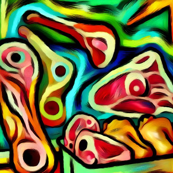 Abstracte afbeelding van vleespresentatie met kippenvlees, rundvlees en varkensvlees in felle kleuren, geïnspireerd door Karel Appel.