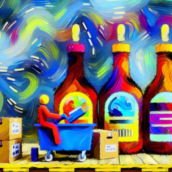 Een levendig en abstract beeld van een kleurrijke werkplek waar iemand flessen labelt voor verzending, met speelse etiketten en een dynamische achtergrond.