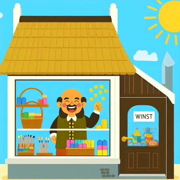 Kleurrijke winkel met winstgevende producten Een vrolijke en eenvoudige illustratie van een winkel die kleurrijke producten verkoopt, met een eigenaar die vrolijk geld telt.