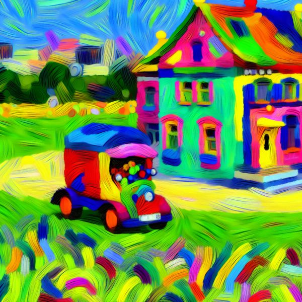 Speelse abstracte afbeelding van een huis en een auto Abstract kleurrijk huis met een auto erachter in een kinderlijke stijl