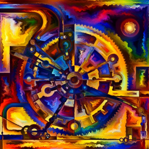 Abstracte en kleurrijke afbeelding van een krachtige machine en zijn onderdelen die harmonieus samenwerken.