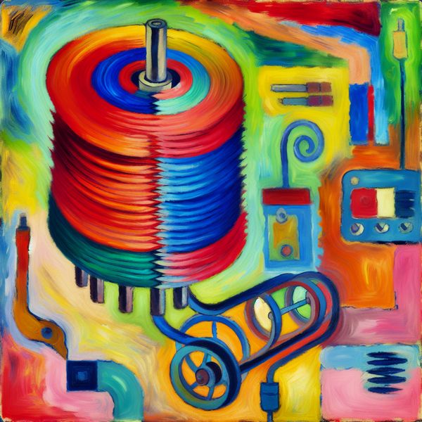 Kleurvolle Abstracte Illustratie van een Spoel in een Elektrisch Apparaat Abstracte kleurrijke illustratie van een grote spoel, geïnspireerd door Karel Appel, met energieke vormen en kleuren.