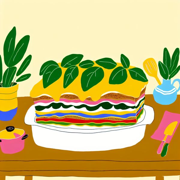 Kleurvolle Minimalistische Lasagne Illustratie Minimale illustratie van een kleurrijke lasagne met lagen van pasta, vlees, spinazie en béchamelsaus, geserveerd op een tafel met vrolijke keukenaccessoires.
