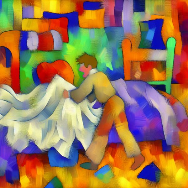 Expressieve abstracte compositie van een slaapkamer met kleurrijke beddengoed en een speelse figuur die een laken over een matras legt.