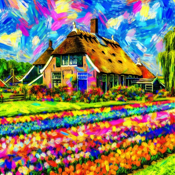 Kleurvolle Stolpboerderij in het Platteland Abstracte weergave van een kleurrijke stolpboerderij in een landelijke omgeving met een opvallend rieten dak en een bloeiende tuin