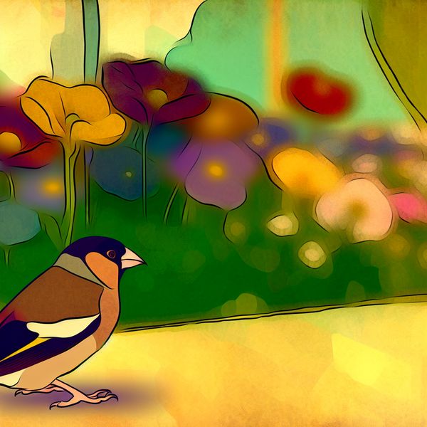 Een kleine vink die zijn veren droogt in een kleurrijke tuin onder de warme zon.