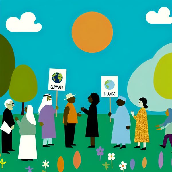 Klimaatverandering Discussie - Duurzaamheid en Milieu Minimalistische illustratie van een diverse groep mensen die bespreken over klimaatverandering, met bordjes met berichten over duurzaamheid.