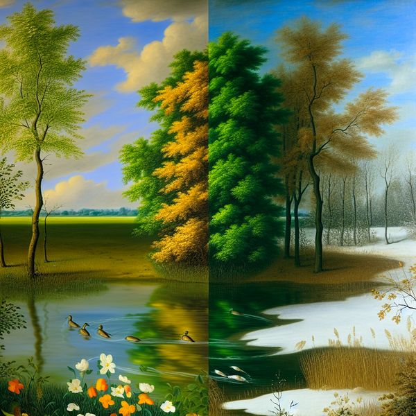 Landschap met klimaatverandering, zomers met groen en bloemen, winter met sneeuw