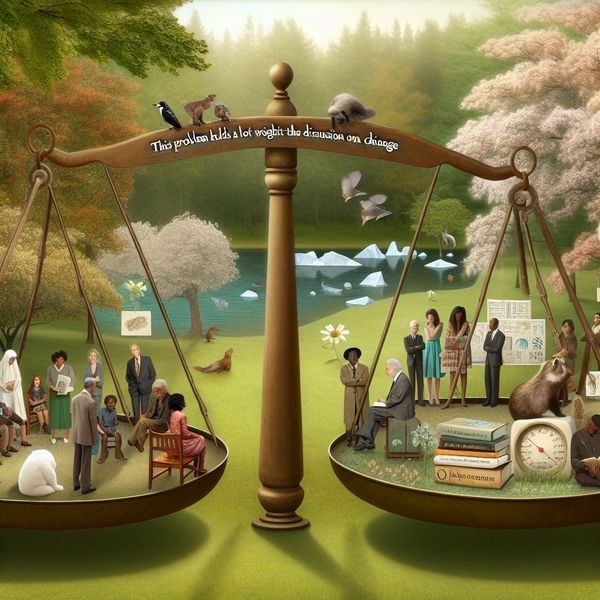 Diverse groep mensen rondom een vintage weegschaal in een park, met symbool voor klimaatverandering.