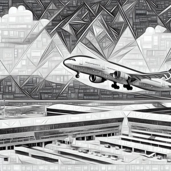 KLM-vliegtuig in optische illusie: Escher-achtige luchtreis en luchtvervoer Surrealistische tekening in de stijl van M.C. Escher van een KLM-vliegtuig dat naadloos overgaat in een onmogelijke luchthaventerminal, met passagiers en vracht geïntegreerd in geometrische patronen