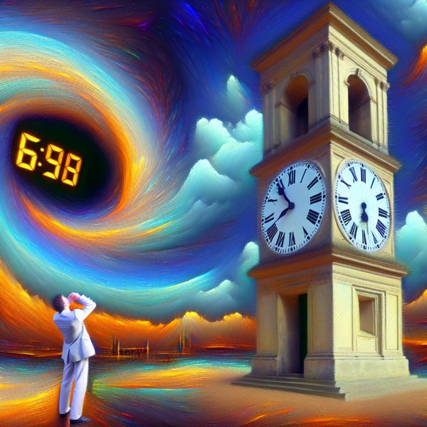 Hyper-realistische kloktoren in een surrealistisch landschap Een hyper-realistische kloktoren met digitale cijfers die aftellen van zestig naar nul, terwijl een persoon in de voorgrond nerveus naar zijn horloge kijkt.