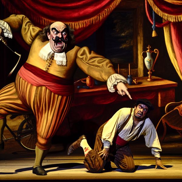 Barokke scène van een boze man die een dief een klootzak noemt, met dramatische belichting en expressieve figuren in 17e-eeuwse kleding