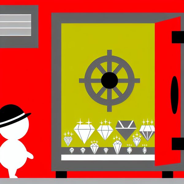 Opslaan van waardevolle spullen in een kluis Minimalistische illustratie van een grote kluis met een open deur, vol glinsterende sieraden, en een kindachtig personage dat de juwelen bewondert.