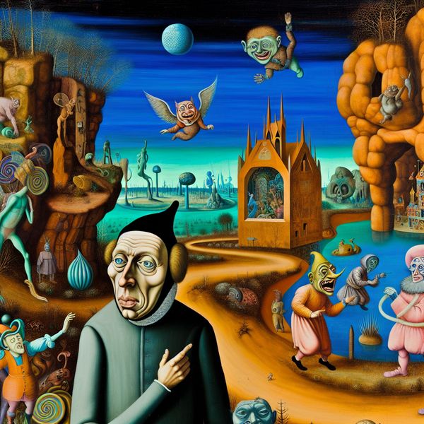 Surrealistische afbeelding van een klungelige persoon in een chaotische omgeving Een klungelige persoon in een chaotische, surrealistische omgeving, omringd door bizarre wezens die misverstanden en dwaasheid vertegenwoordigen.