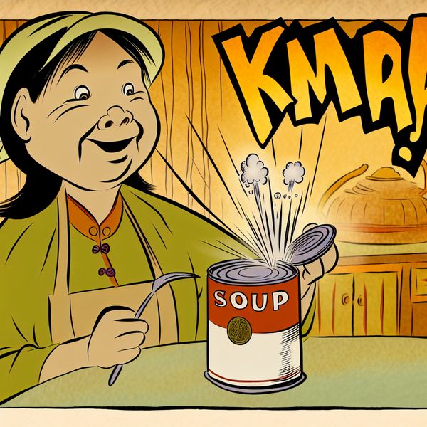KNAP geluid bij openen blik - Nederlandse uitdrukking leren met cartoon Vrolijke cartoonfiguur in gezellige keuken met blik soep dat met een 'KNAP!' geluid open springt