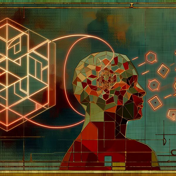 Retro-futuristische illustratie van een moeilijke puzzel of complexe taak Persoon in retro-futuristische stijl kijkt geconcentreerd naar een gloeiend 3D-puzzel met ingewikkelde geometrische vormen, symboliserend voor een knap lastige taak