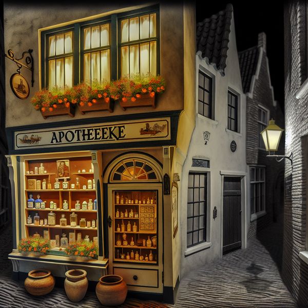 Een knusse apotheek met het bord 'Apotheekje' boven de ingang, omgeven door kleurrijke bloemen en schaduwachtige omgevingen.