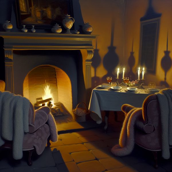 Een gezellige woonkamer met een knisperend haardvuur, zachte stoelen en dekens, en een romantisch gedekte tafel voor twee.