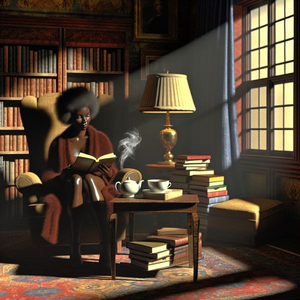 Een persoon die ontspannen leest in een sfeervolle woonkamer met boeken en zachte verlichting