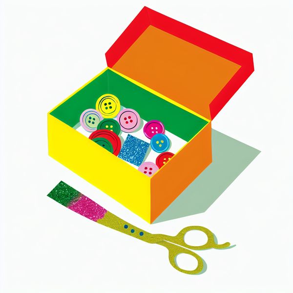 Knutseldoos met Diversen Voorwerpen voor Creatieve Hobby's Minimalistische illustratie van een open doos gevuld met knutselmaterialen zoals kleurrijke knopen, glitters en scharen op een witte achtergrond.