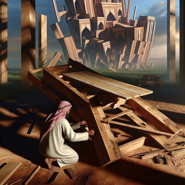 Persoon die haastig een wankele houten tafel in elkaar zet in een surrealistische tuin met monumentale architectuur op de achtergrond