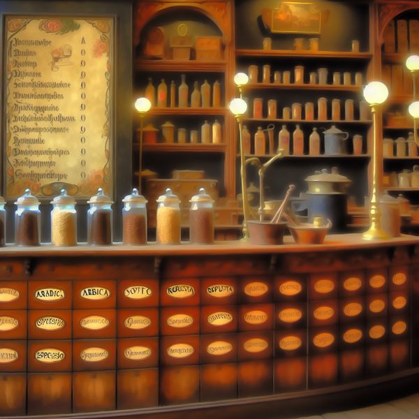 Charmant vintage koffiehuis met houten toonbank en gelabelde potten koffiebonen per categorie zoals Arabica, Robusta en Espresso