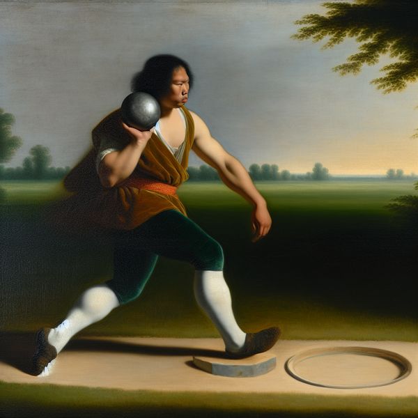 Atleet in historische kleding stoot kogel tijdens kogelstoten evenement in Vermeer-stijl schilderij
