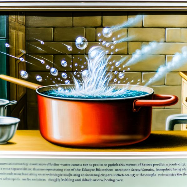 Koken in Barokstijl: Water dat Borrelt en Kookt Een pot water dat kookt met opborrelende luchtbellen en opstijgende stoom in Barokstijl