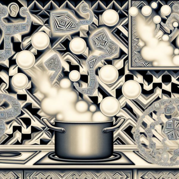 Keukenscène met kokend water in een pot, surrealistisch met Escher-stijl elementen