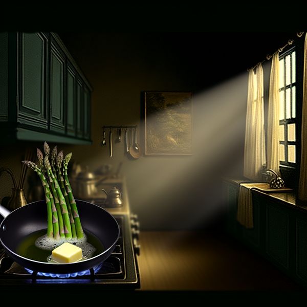 Koken met Asperges en Boter in een Mooi Verlichte Keuken Verse groene asperges in een pan met gesmolten boter, verlicht door natuurlijk licht in een serene keuken.