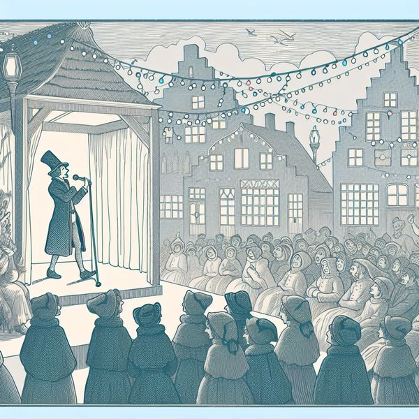 Een levendige illustratie van een komiek op een klein podium, die een grap vertelt aan een lachend publiek in een vintage kermisatmosfeer.