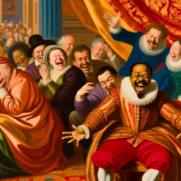 Komische verteller in barokke kamer Een levendige scène van een komische verteller die een diverse groep mensen vermaakt in een barokke kamer.