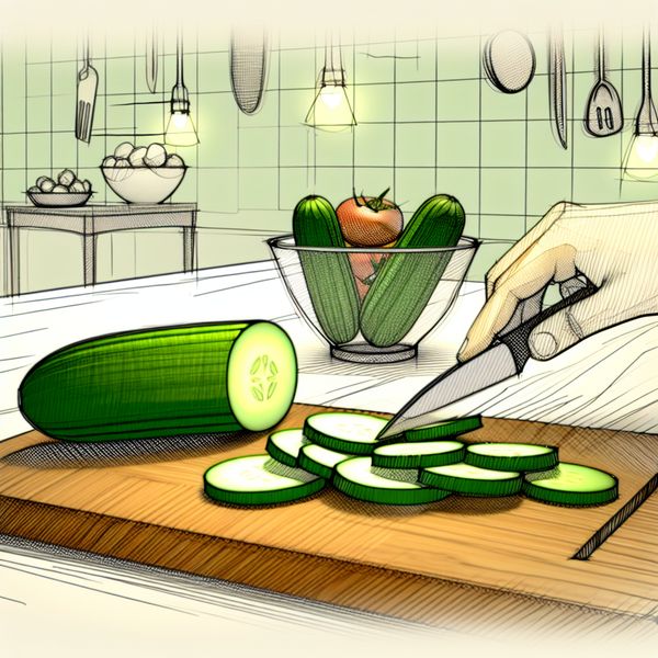 Komkommer snijden voor gezonde salade in moderne retro keuken Houten snijplank met dunne plakjes komkommer die in een glazen saladeschaal worden gedaan in een retro-futuristische keuken