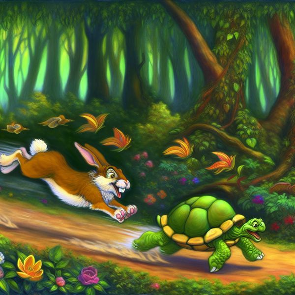 Konijn en Schildpad Race - Fabelachtige Illustratie Een energiek konijn en een langzaam bewegende schildpad racen tegen elkaar in een levendige bossfeer.