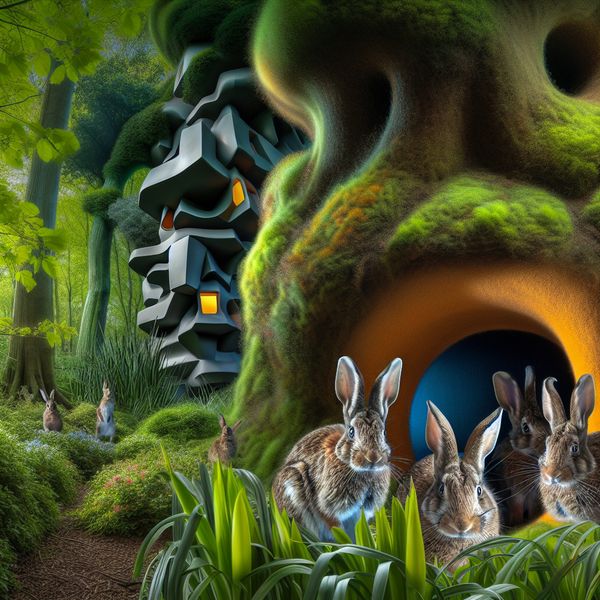 Konijnenhol: Beschutte Schuilplaats in een Groene Omgeving Hyper-realistisch beeld van een konijnenhol omgeven door groene struiken, met nieuwsgierige konijnen die voorzichtig naar buiten kijken.