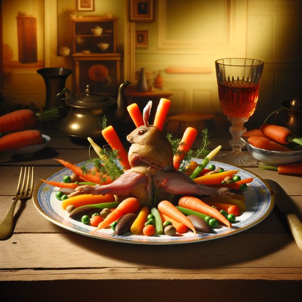 Elegante presentatie van konijnenvlees met groenten Mooi opgediend konijnenvlees met kleurrijke groenten op een rustieke tafel