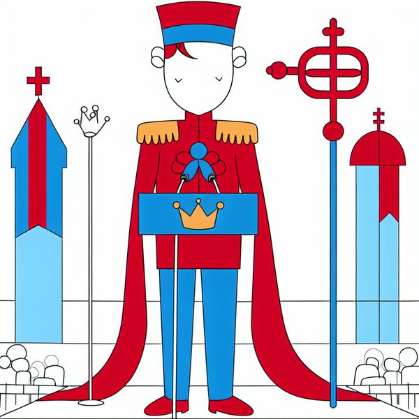 Minimalistische illustratie van een mannelijke koning die een toespraak houdt vanaf een koninklijk podium met kroon, scepter en hermelijnmantel