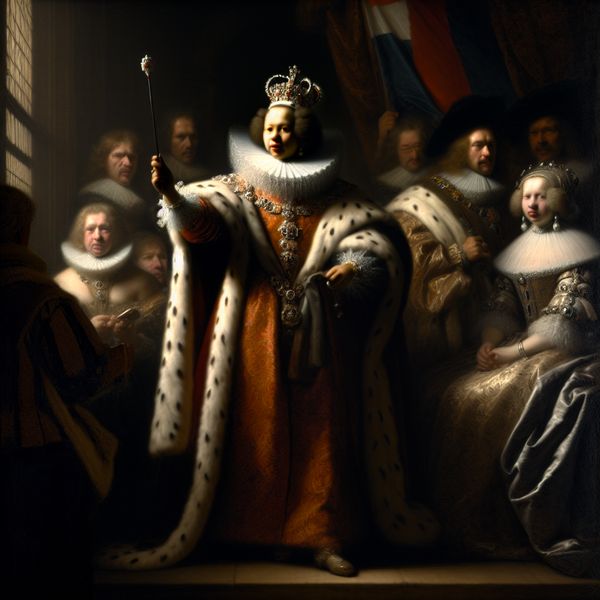 Portret van een koninklijke koningin in Rembrandt-stijl, sprekend op Koningsdag met kroon, scepter en hermelijnen mantel