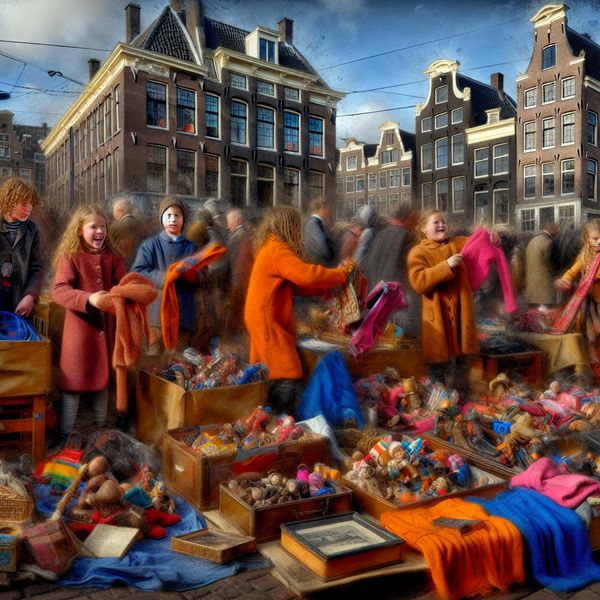 Koningsdag Festival in Amsterdam met Kinderactiviteit Een levendige straat scène tijdens Koningsdag in Amsterdam, met kinderen die hun speelgoed verkopen.