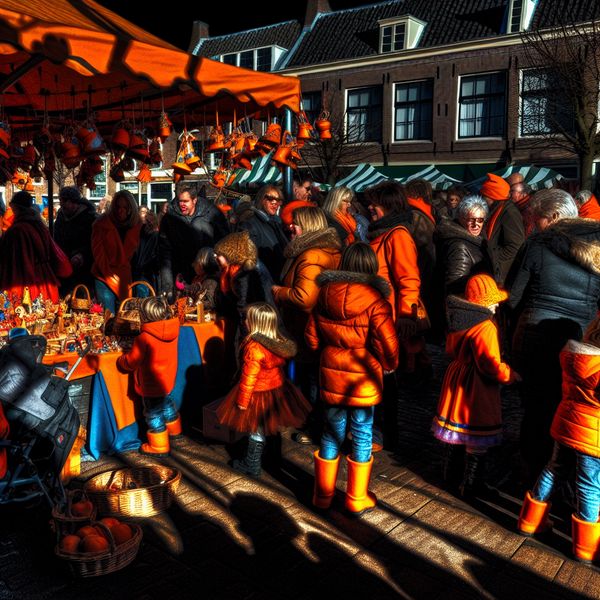 Koningsdag markt in Rembrandt stijl Boeiende Rembrandt-stijl Koningsdag markt met kinderen in oranje