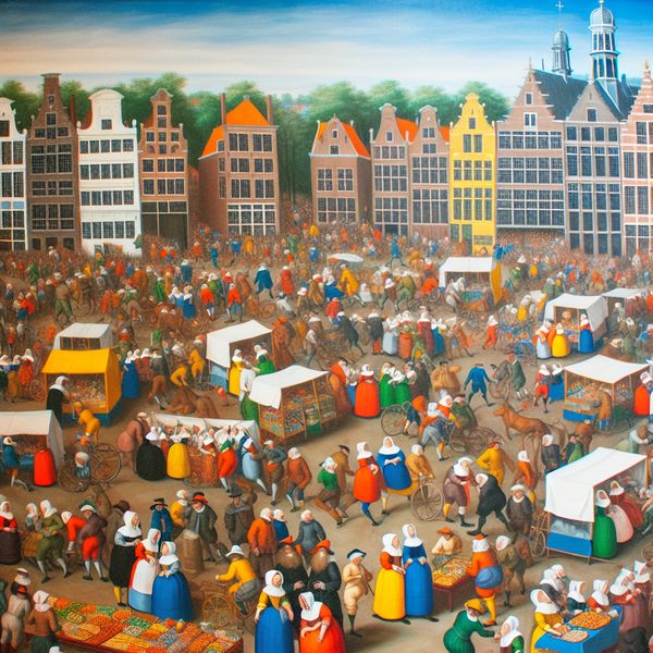 Koningsdag Stadsbeeld met Festiviteiten Een druk stadsbeeld op Koningsdag met vrolijke activiteiten en historische gebouwen