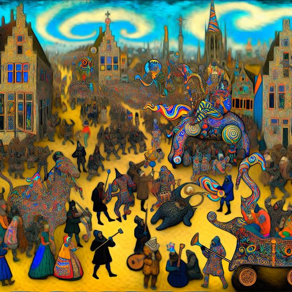 Koningsdag Viering in Hieronymus Bosch Stijl Vibrant Koningsdag viering in een Nederlandse stad in Bosch stijl