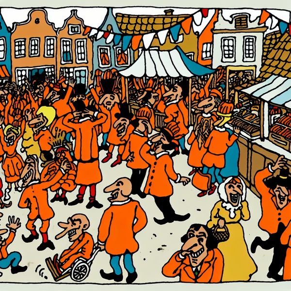 Koningsdag Viering in Cartoon van Mensen in Oranje Cartoon van Koningsdagviering in Nederland, mensen in oranje kleding op feestelijke straten