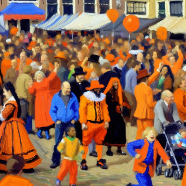 Koningsdag Viering in Nederland Vibrante straatscène tijdens Koningsdag in Nederland met mensen in oranje kleding, versierd met oranje banieren en traditionele architectuur op de achtergrond.