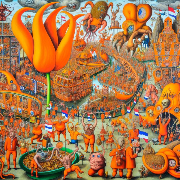 Vibrante viering van Koningsdag in Nederland Surrealistische viering van Koningsdag in Nederland met mensen in oranje en fantastische wezens geïnspireerd door Hieronymus Bosch.