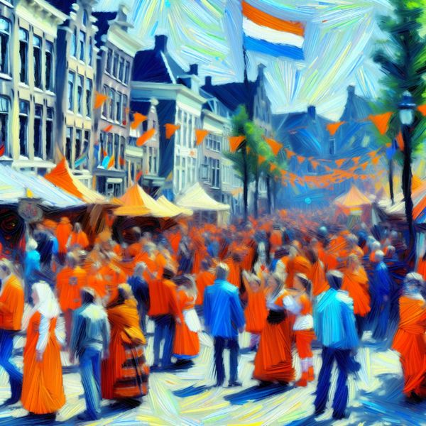 Koningsdag Viering in de Stijl van Vincent van Gogh Schilderij van Koningsdag in Nederland, kleurrijke vrijmarkt en feestelijk geklede mensen in oranje