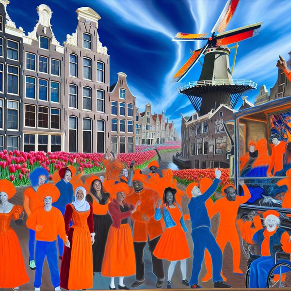 Vibrant Dutch Koningsdag Celebration with Tulips and Windmills Een levendig straatfeest tijdens Koningsdag met mensen in oranje kleding, traditionele tulpen en windmolens op de achtergrond.