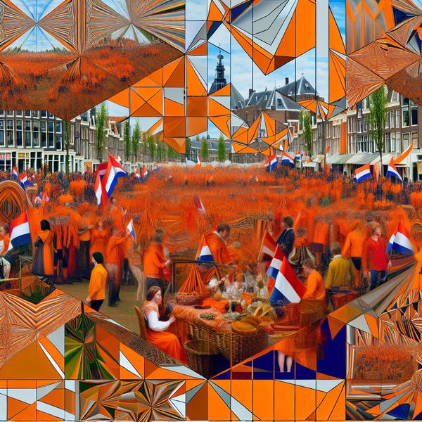 Koningsdag Vrijmarkt in Escher Stijl Een drukke Koningsdag met mensen in oranje bij een vrijmarkt, in de stijl van M.C. Escher.